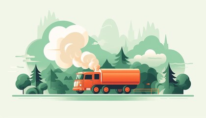 A large orange semi truck drives through a beautiful green forest