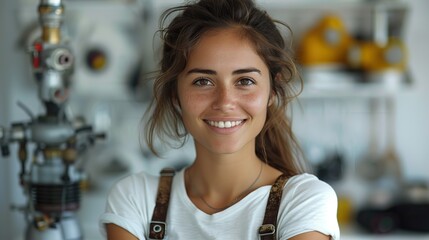 portrait of a smiling woman standing and crossing her arms against a white backdrop.stock photo