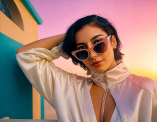 Trendy Young Woman with Sunglasses Relaxing on a Terrace