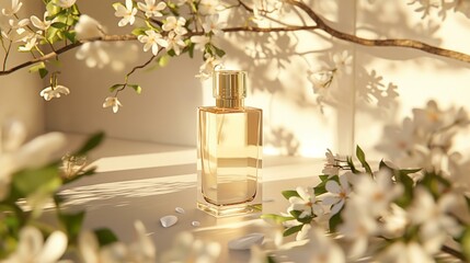 Elegant Perfume Bottle Among Blossoming Flowers in Soft Light