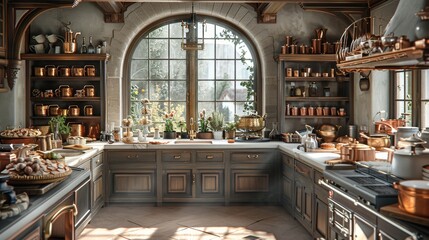 A bakery kitchen with pies, cakes and ice cream, a mansions kitchen with copper pots and pans and views of an old village. Generative AI.