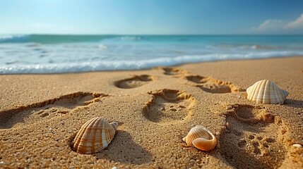 Obraz premium Beachside Bounty: Shells scattered on sandy shores under a sunny sky, by the serene sea