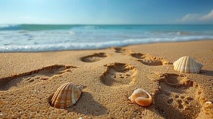 Beachside Bounty: Shells scattered on sandy shores under a sunny sky, by the serene sea