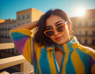 Chic Young Woman Wearing Sunglasses Posing on an Outdoor Patio