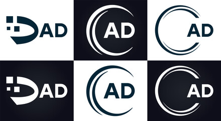 AD logo. A D design. White AD letter. AD, A D letter logo design. A D letter logo design in FIVE, FOUR, THREE, style. letter logo set in one artboard. A D letter logo vector design.	
