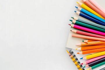 Fototapeta premium Multicolored pencil and note book on white background with copy space. School supplies equipment.