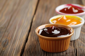 Small bowls of sauce on a wooden table, food background 