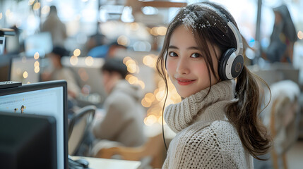 A young woman with headphones is working on her computer in a cozy, bustling cafe. Fairy lights and snowflakes add a wintery charm