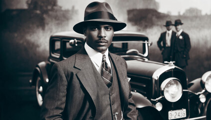 Stylized black and white photo of a man next to a classic car, capturing the spirit of the 1920s gangster era