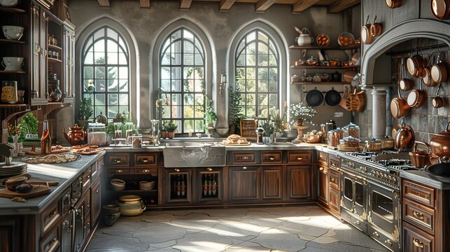A bakery kitchen with pies, cakes and ice cream, a mansions kitchen with copper pots and pans and views of an old village. Generative AI.