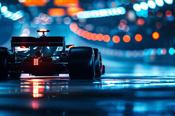 Capture the sleek curves and intricate details of an F1 car in a dramatic close-up shot