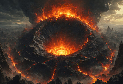 Planetary catastrophe, nuclear explosion, huge crater engulfed in flames. A world destroyed. Digital art style. Banner, poster, background, postcard