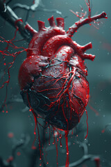 Artistic rendering of a heart intertwined with vines of blood and milk, symbolizing the fusion of life energy and nourishment,