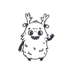 cute monster isolated on white background for coloring pages, magazines. Alien, cartoon character. Sketch, doodle. Vector illustration