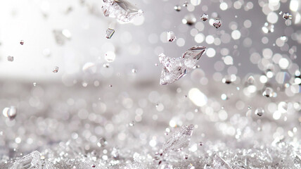 Sparkling sugar crystals falling gracefully against a white backdrop