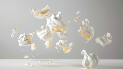 Torn meringue pieces floating in the air on a plain white background