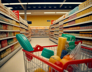 Supermarket Scene: Shopping Cart with Groceries