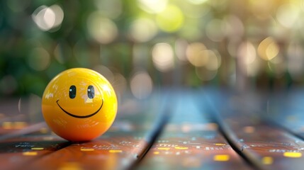 3D yellow smiley face joy on top of a table, with copy space to of background blurred