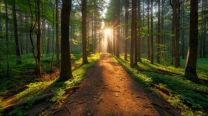 Obraz premium The path through the forest is illuminated by the sun's rays.