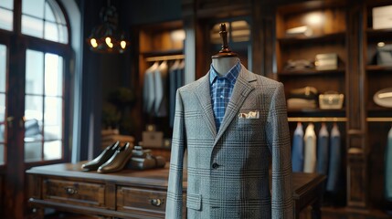 Men's shirt in the form of grey suits on a mannequin in the atelier.Generative AI