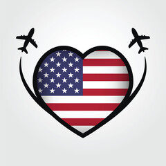 USA Travel Heart Flag With Airplane Icons
