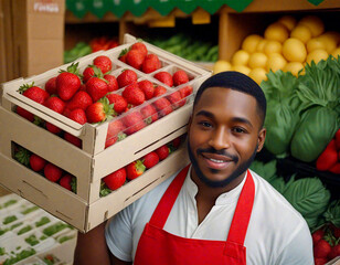 Beaming fruit market attendant holding a carton of strawberries