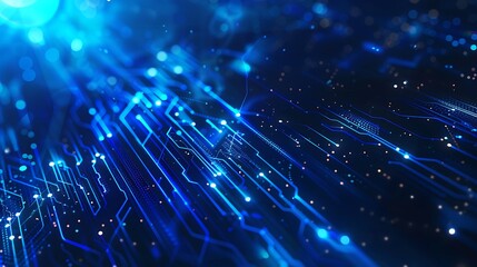 Futuristic Neon Blue Abstract Background with Digital Circuits and Double Exposure Silhouette