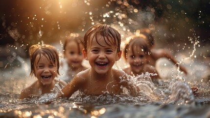 Obraz premium Joyful children splashing in the water, illuminated by warm sunlight