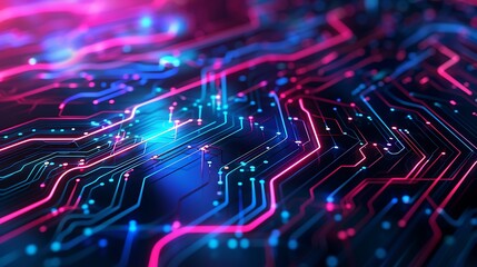 Fototapeta premium Digital Technology Fusion - Vector Circuits and Neon Lines Close Up with Double Exposure Silhouette and Copy Space, Futuristic Tech Background