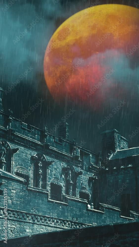 Poster vertical castle with rain lightning and blood moon 4k loop features a castle ruin with moving clouds
