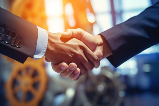 handshake of businessmen against the background of an oil rig, decrease and increase in oil production, oil market, embargo, close
