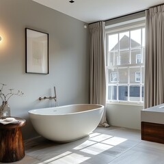 minimalist and serene bathroom with floating vanity, freestanding tub and rainfall shower