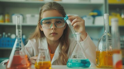 Girl student learn doing science research and chemical experiment in science class laboratory