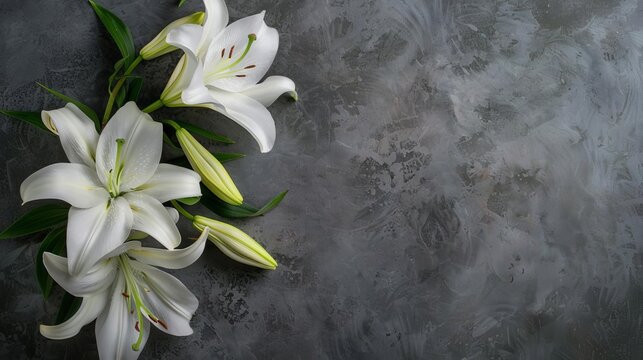 elegant sympathy card with white lily flowers on muted grey background funeral concept with copy space