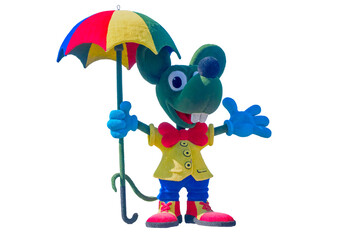 Street figure of a mouse with a rainbow umbrella isolate on a white background.