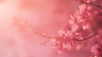 Naklejka premium Enchanting Cherry Blossoms Double Exposure Silhouette with Delicate Petals on Pink Background - Spring Charm Close Up with Copy Space