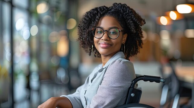empowered disabled black woman in wheelchair at inclusive workplace diversity portrait