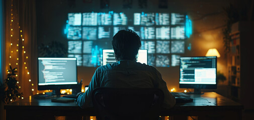 A man sitting in front of multiple computer screens working on coding.