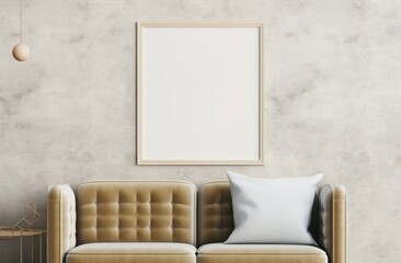 Modern living area featuring a leather sofa and a mock-up frame on a textured wall