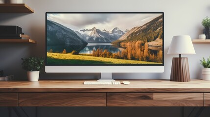 An ultra-wide monitor displaying a beautiful desktop wallpaper, positioned on a sleek desk in a room filled with natural light.