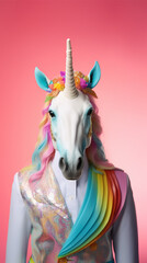 Contemporary collage unicorn animal head with rainbow mane wearing white clothes. Fashion, artwork emotions, ad, sales, surrealism concept. Poster, banner and flyer.