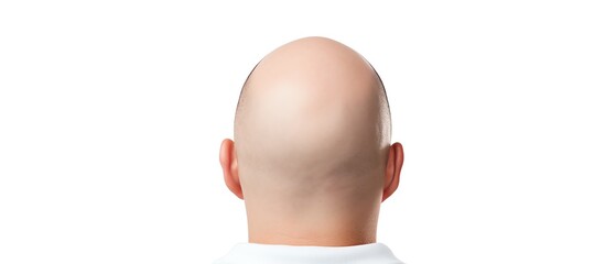 Back view of a bald man's head against a white background, representing hair loss, baldness or clean shaven head concept.