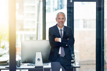 Mature business man, arms crossed and smile in office for portrait, confidence and suit at...