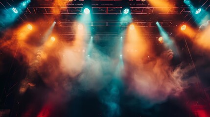 Fototapeta premium dramatic concert stage with bright spotlights smoke and vibrant colors energetic live music performance background
