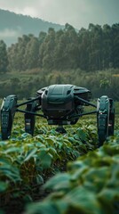 An advanced autonomous robot drone equipped with sensors and AI technology is operating in an agricultural field