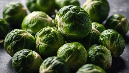 Fototapeta premium Close up of fresh green Brussels sprouts on white background. Organic vegetable, healthy food, vegan diet concept.