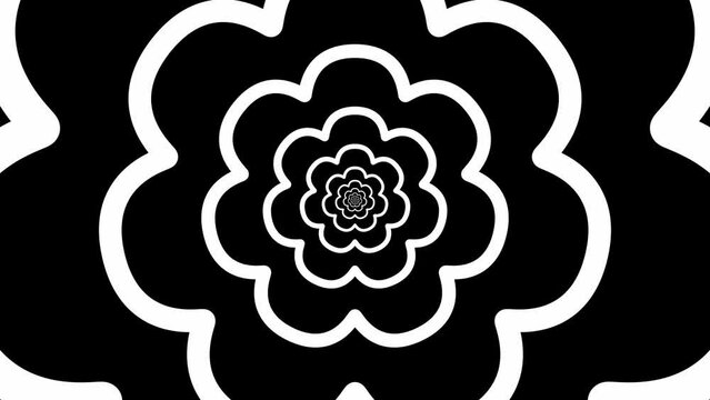 Retro, trippy black and white flower shape tunnel, flat, vector, abstract, cartoon looping background