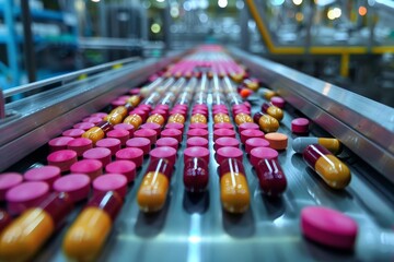 Fototapeta premium An advanced pharmaceutical production line with automated machines that efficiently process large quantities of colored capsules Pharmaceutical manufacturing concept AI generated