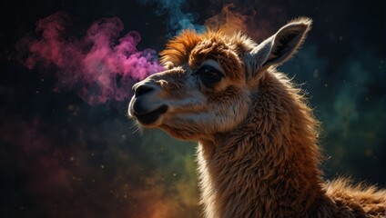 Obraz premium Portrait of a llama with a colourful smoke cloud. Abstract creative animal.