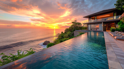 Fototapeta premium Luxurious modern villa with infinity pool overlooking ocean at sunset, ideal for a serene escape amidst stunning natural beauty.